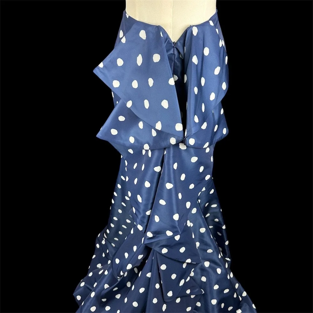 Sherri Hill Navy White Polka Dot Mermaid Skirt Ruffle‎ Bustle Back Maxi Size 0